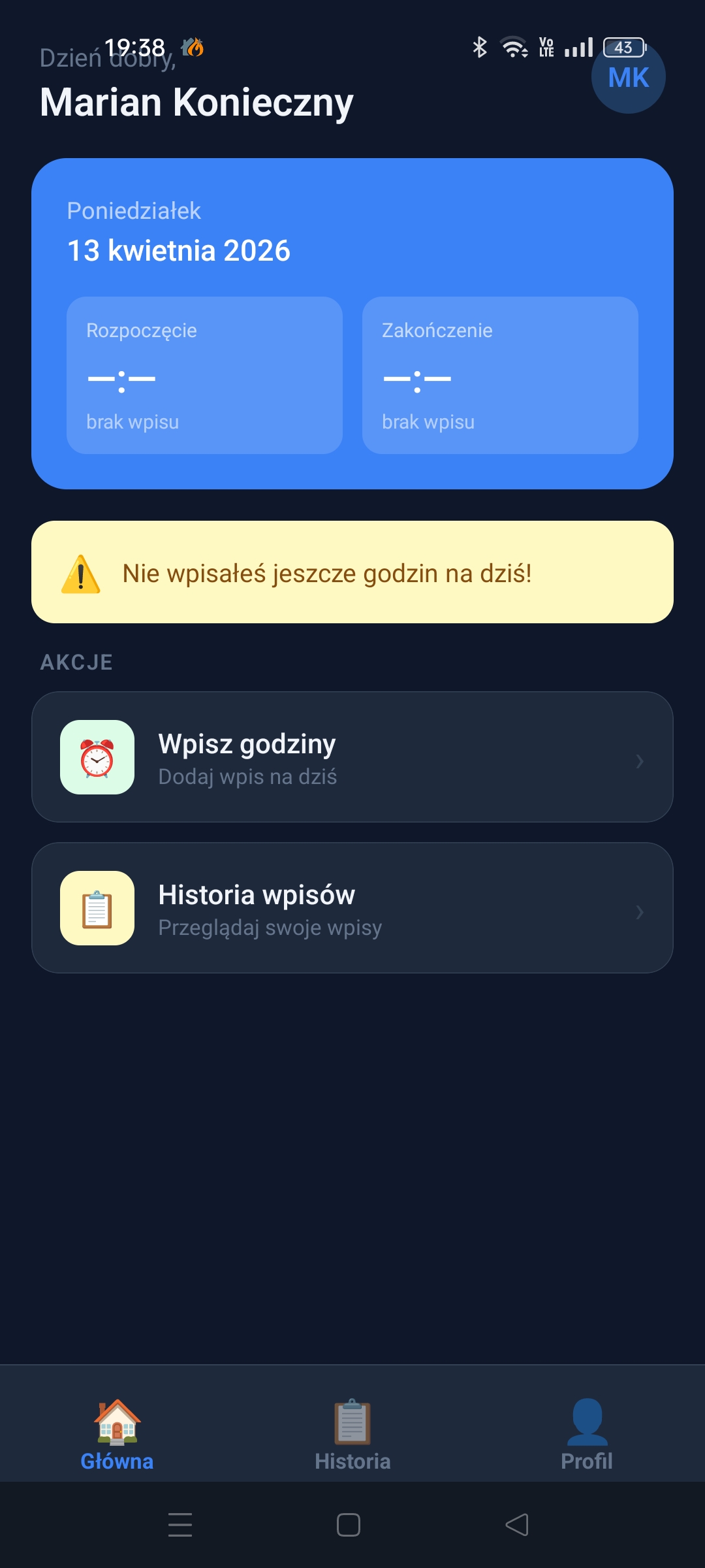 Czas Pracy Instalatora - Logowanie PIN