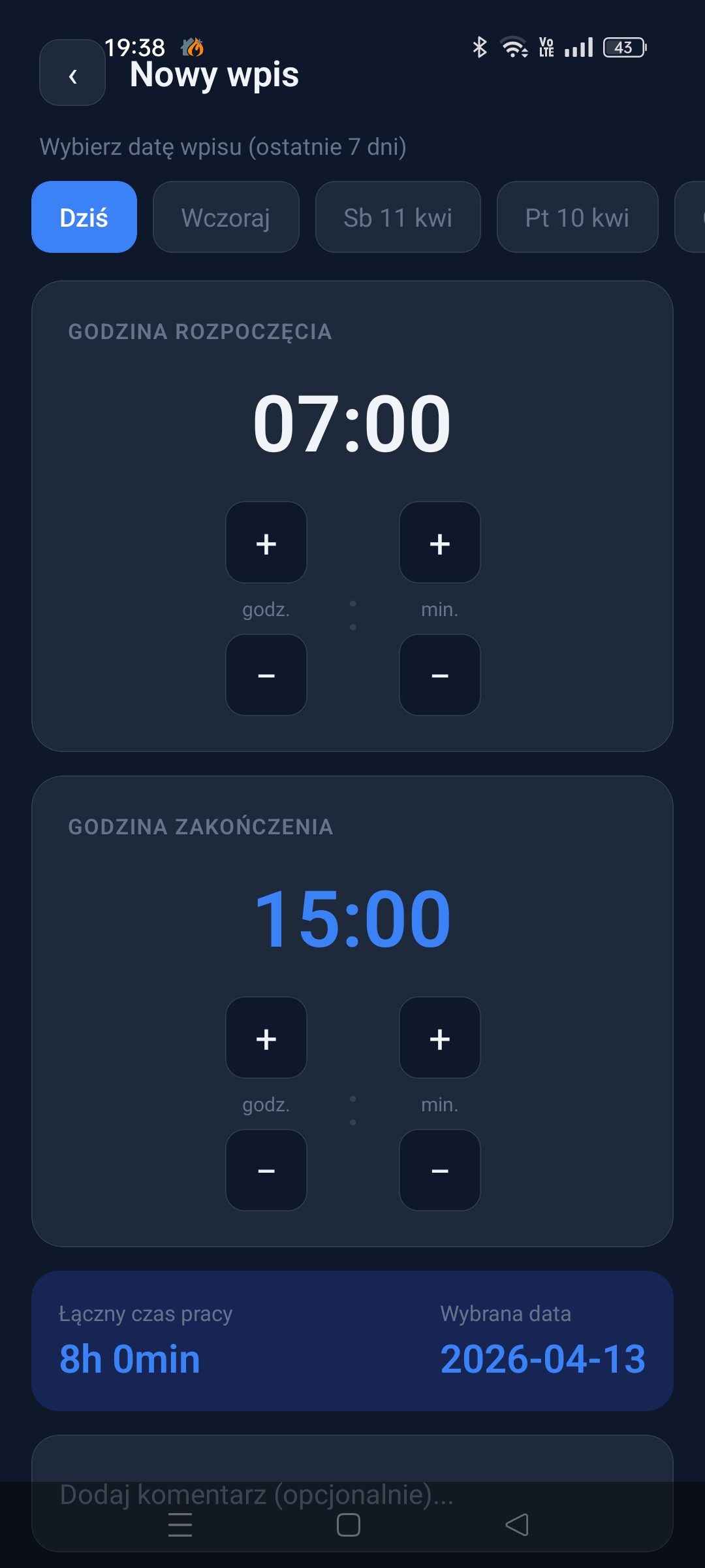 Czas Pracy Instalatora - Wpisy godzin